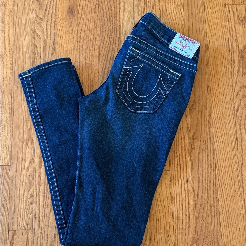 True Religion Women's Dark Blue Skinny Jeans 27 dark denim white stitch